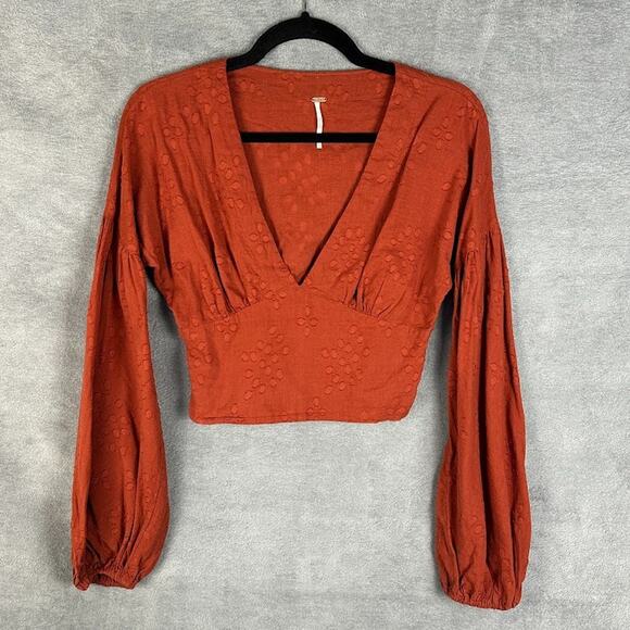 Free People Top Womens Extra Small Rust Long Sleeve Crop Peasant Boho Cottage - Picture 1 of 11
